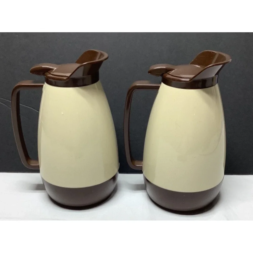 Thermo Serv Insulated Plastic Coffee Carafe Pitcher Beige Brown USA Vintage X 2